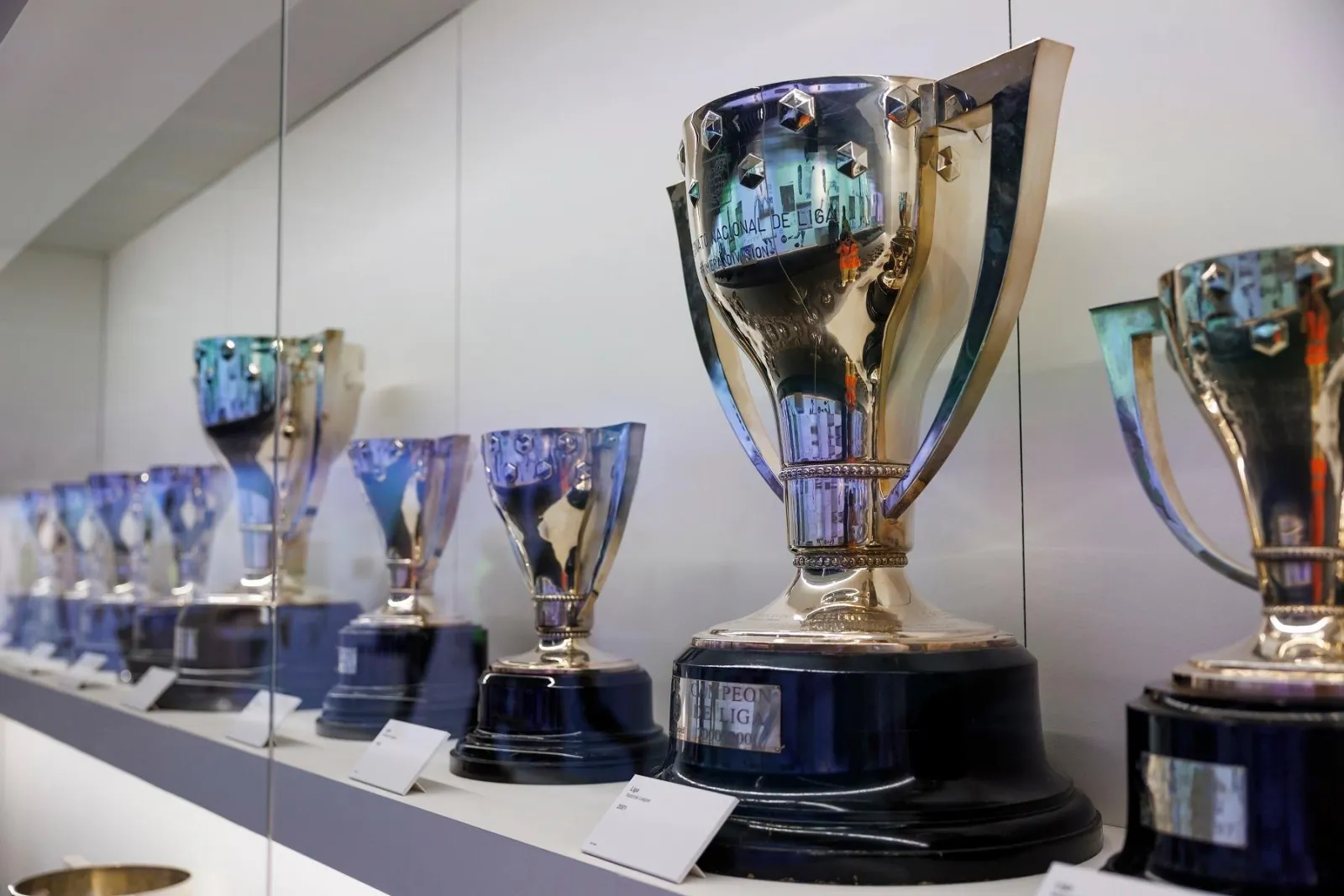 Real Madrid league trophies displayed in the Bernabéu museum