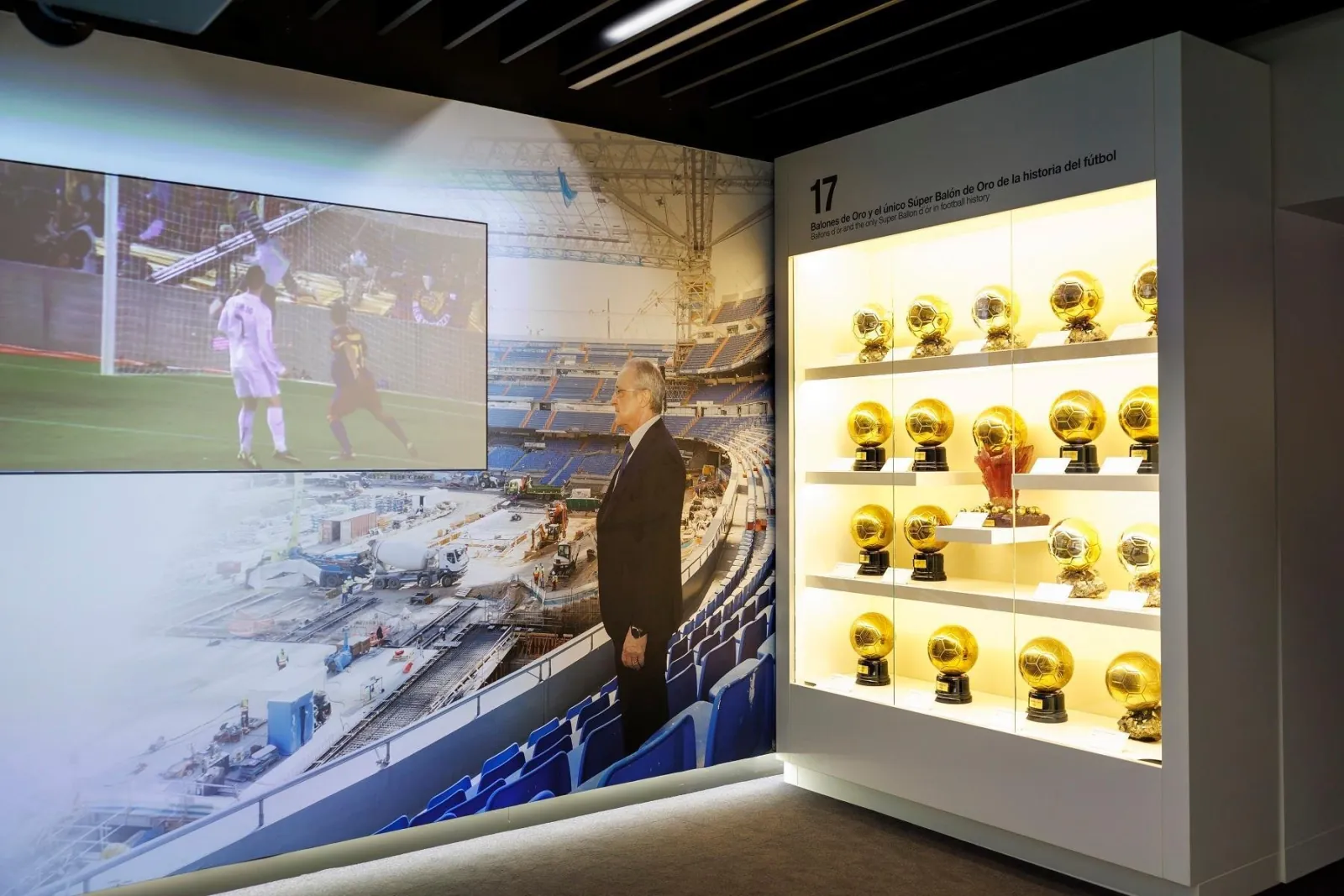 Ballon d'Or display in the Real Madrid museum with video screen