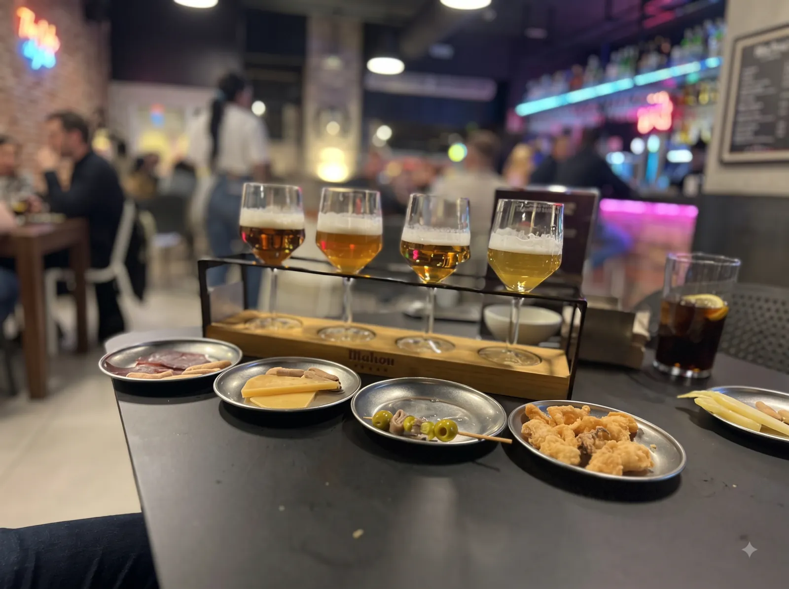 Tapas and a flight of beers at a Bernabéu bar overlooking the stadium