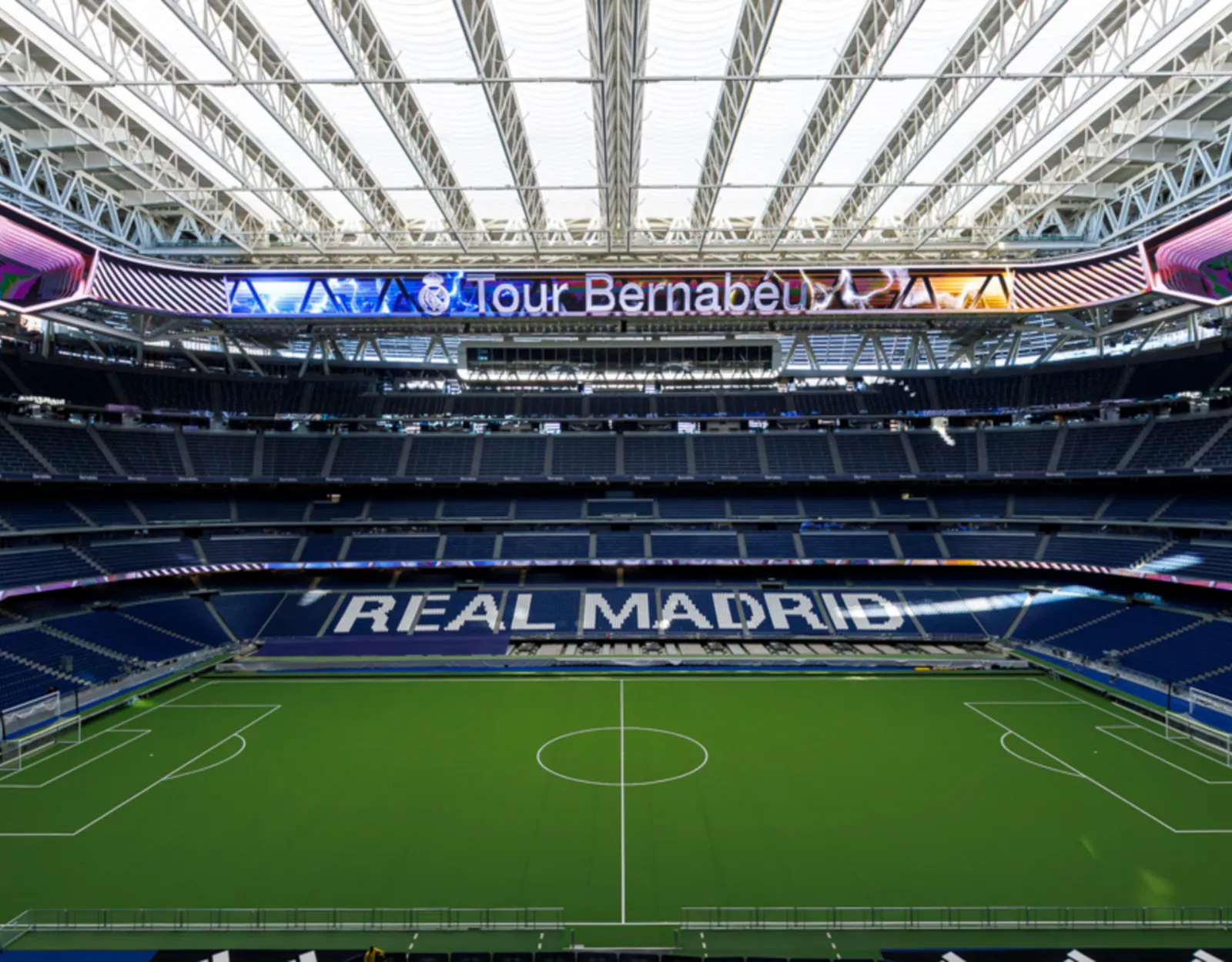 Real Madrid lettering in the Bernabéu seats seen from the upper stand